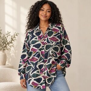 Vintage Structure Silk Button Down Shirt Women L Purple Abstract Geometric Top